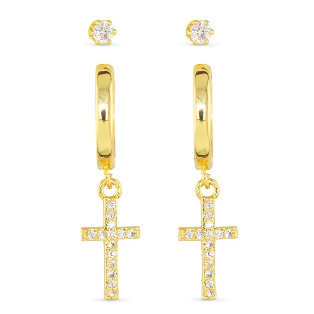 New AMANDA BLU GOLD CROSS & STUD DUO EARRINGS